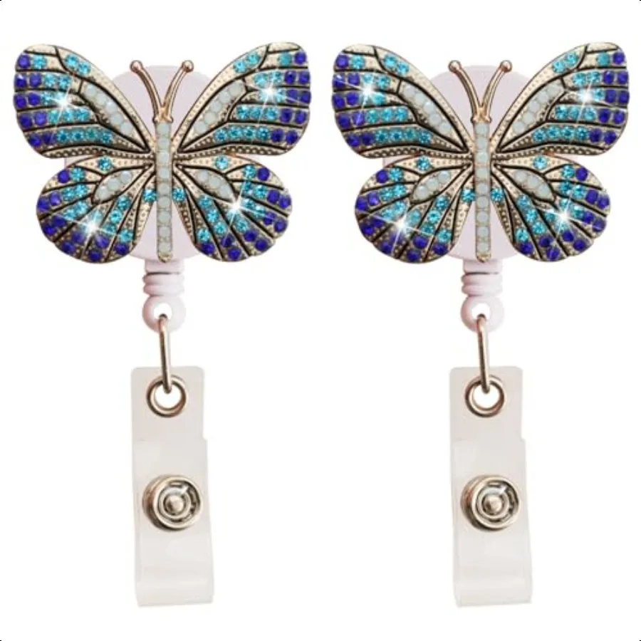 

2Pcs Retractable Butterfly Badge Reel Bling Diamond Nurse Badge Holder Reels with Swivel Alligator Clip for Teachers Students E