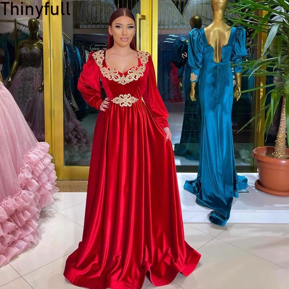 

Thinyfull A-line Red Prom Dress Long Sleeves Appliques Arabic Evening Party Gown 2023 Dubai Velvet Event Dress Vestidos De Noche