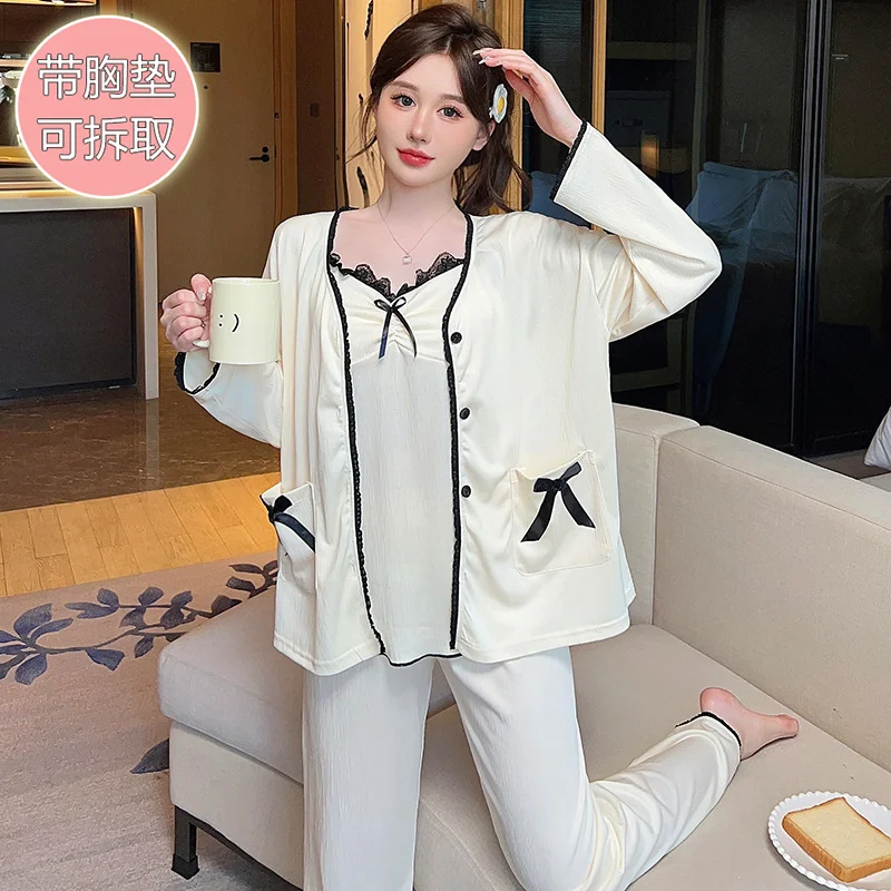 Spring Autumn Women Night Wears 3 Pieces Set Long Sleeved Pants Sleepwear Sweet Cute Cotton Loose  Home Clothes