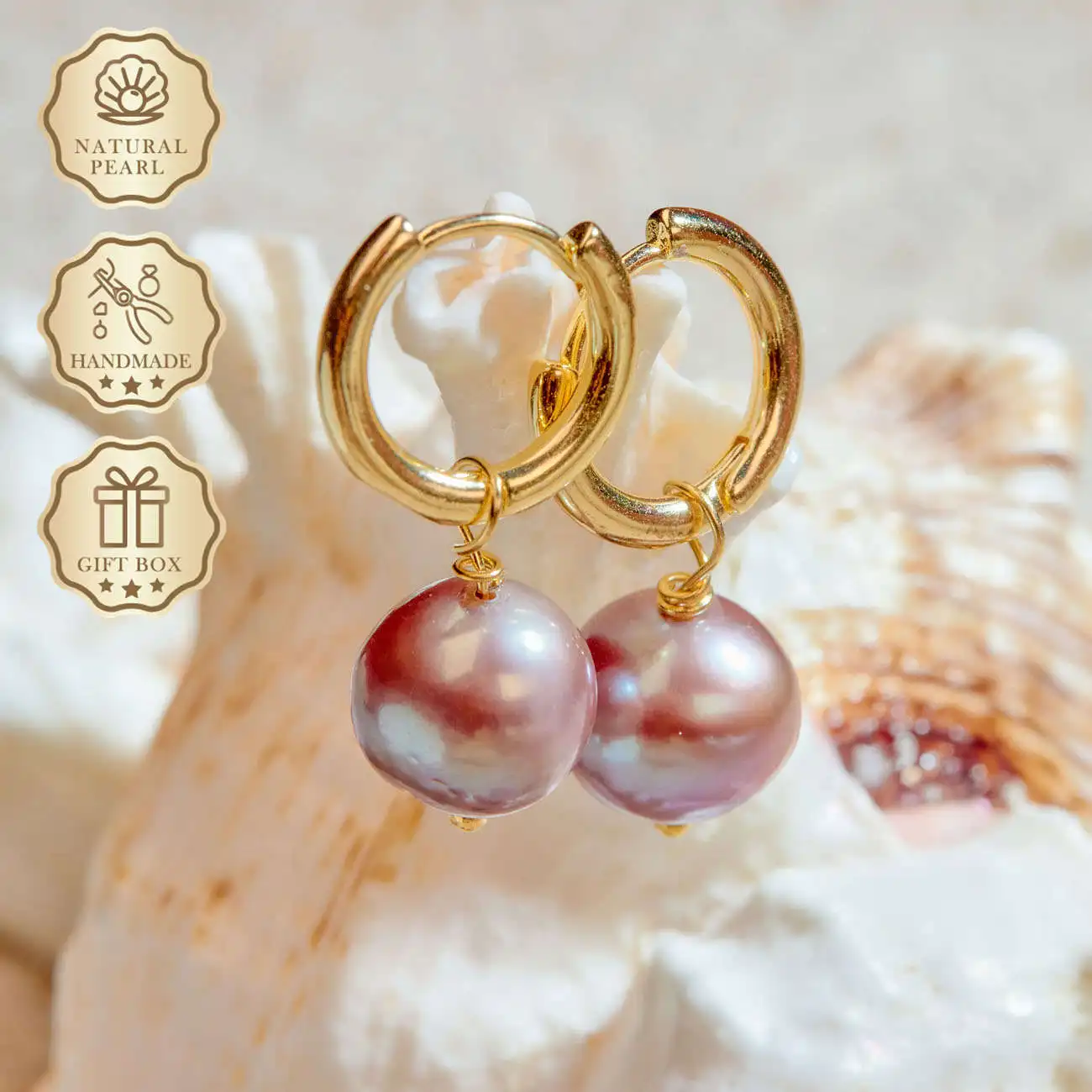 

MYSOYA Large Purple Edison Pearl Earrings 10–12mm with Gold Hooks, Gift Box, Elegant Birthday & Anniversary Gift