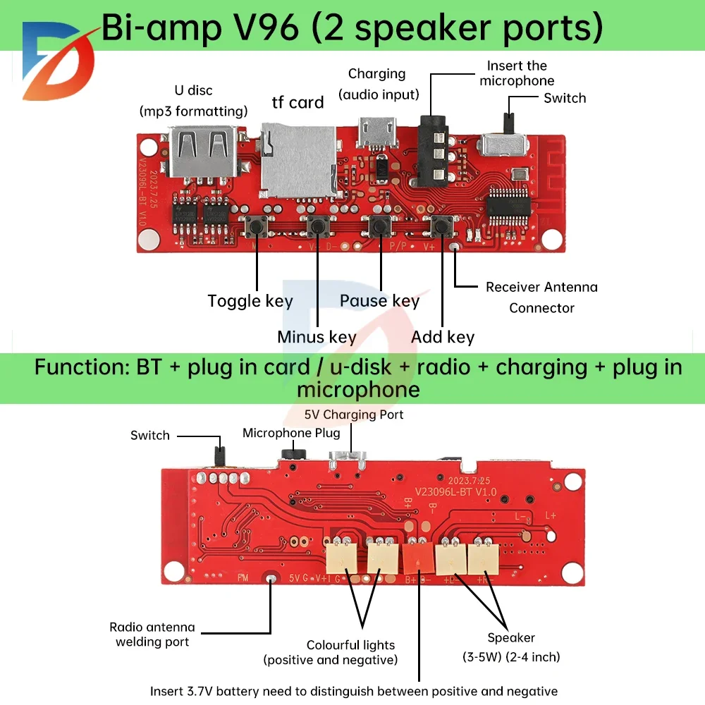 Micro USB 5V multi-function Bluetooth audio amplifier board V96 dual amplifier DIY circuit board multi-function colored lights