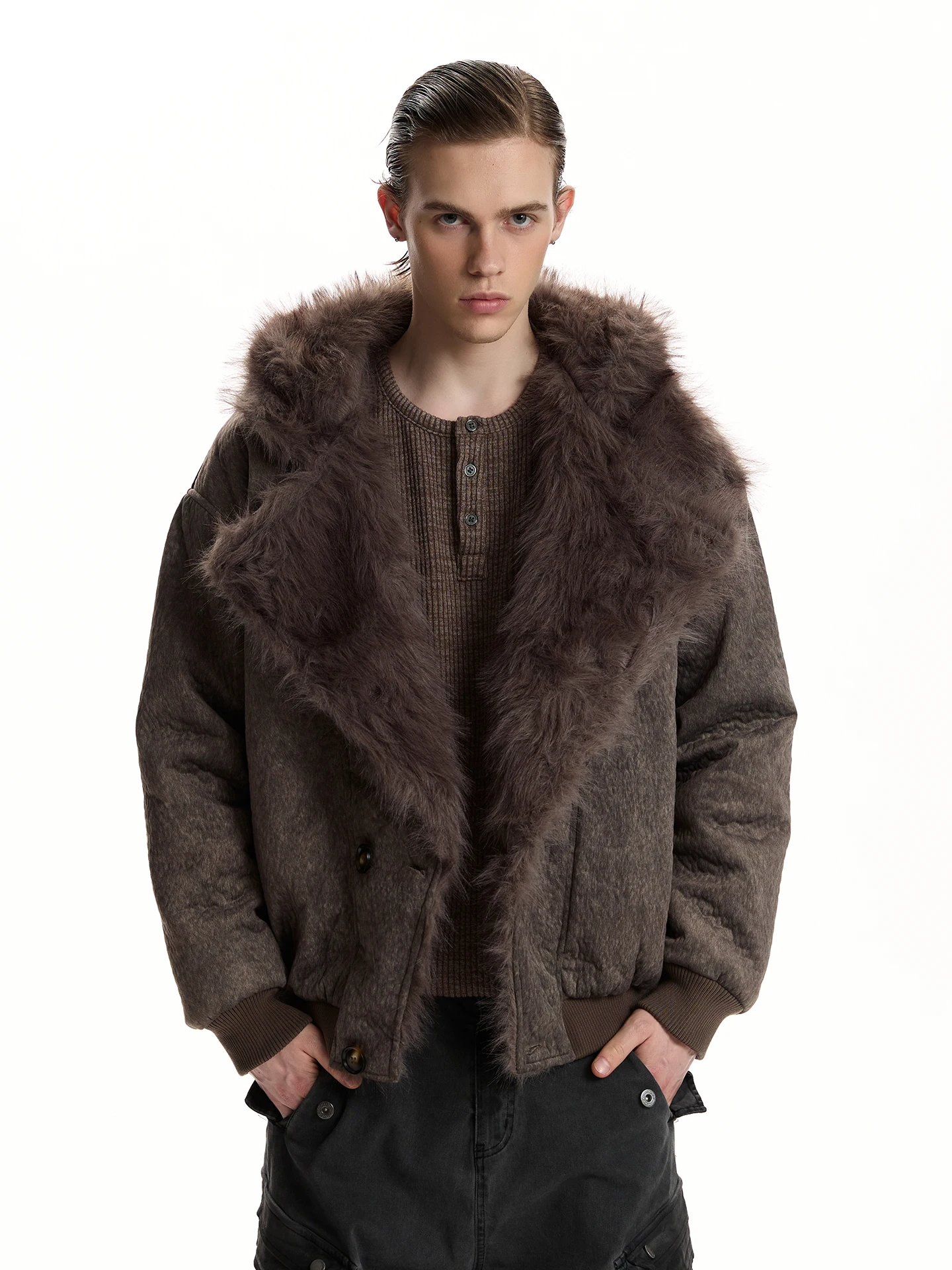 

a PUEE Retro Texture Faux Fur Collar ort Thiened Warm Cotton Jaet Youth Casual Sle Warmth Guaranteed Polyester Fiber