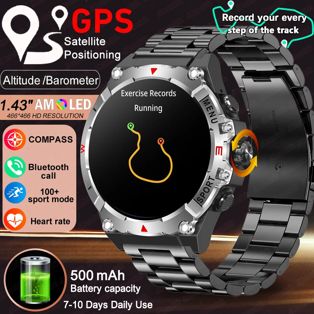 

2025 New GPS Track Sport Smart Watch Men 500mAh Compass Health Monitoring Waterproof Bluetooth Call Smartwatch For Android IOS