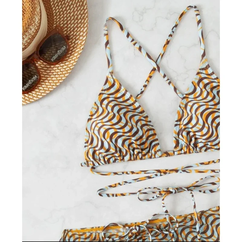 Rayé Sexy Ensemble Bikini Maillots De Bain Femmes Triangle Bandage String Micro Bikini Cover-ups 2025 Nouveau Maillot de bain Vintage 3 Pièces Ensemble