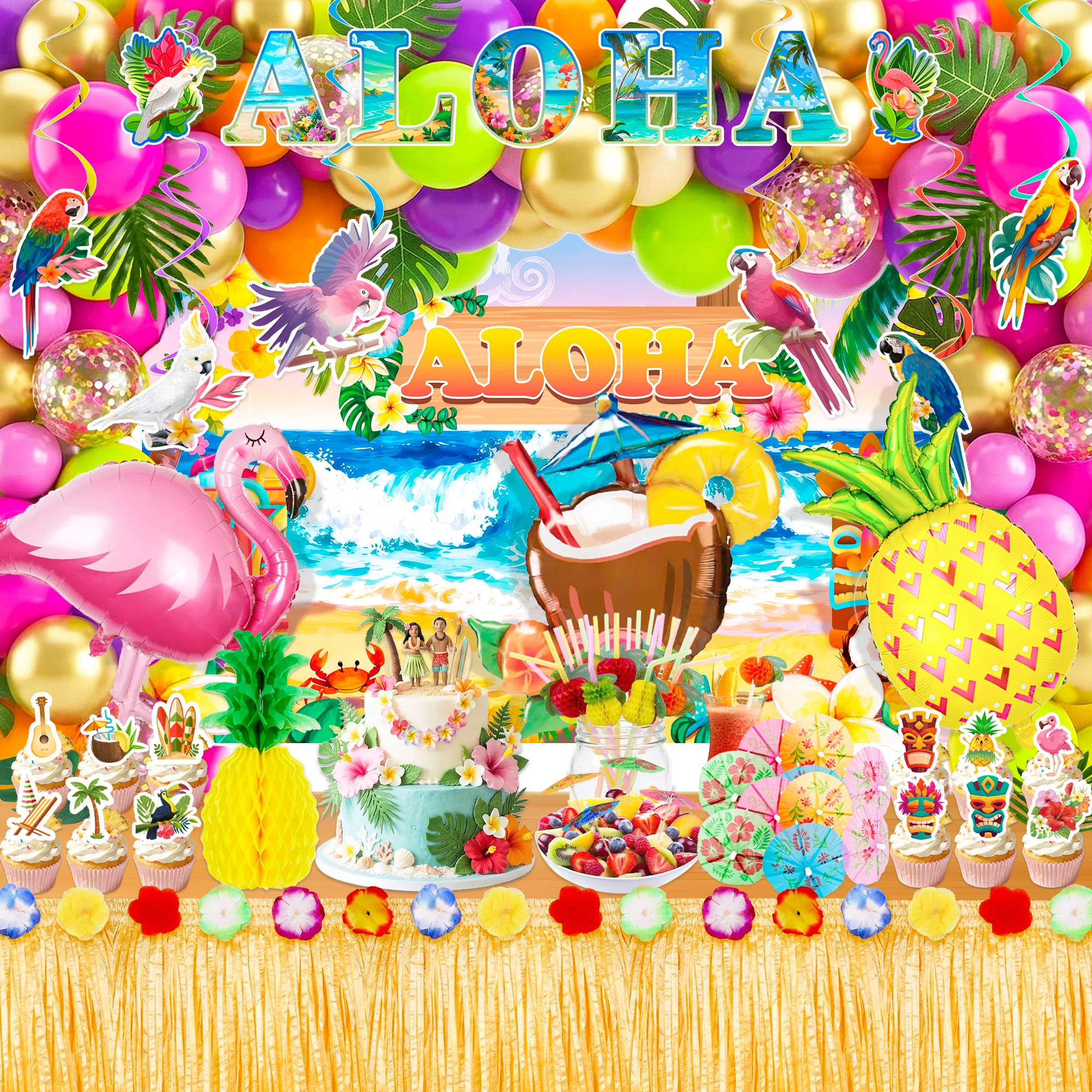 139 Pcs Hawaiian Aloha Luau Party Decorations Set - Tropical Aloha Luau Cupcake Toppers Banner Backdrop Balloons etc Aloha Birthday Decorations for Hawaiian Luau Party Supplies
