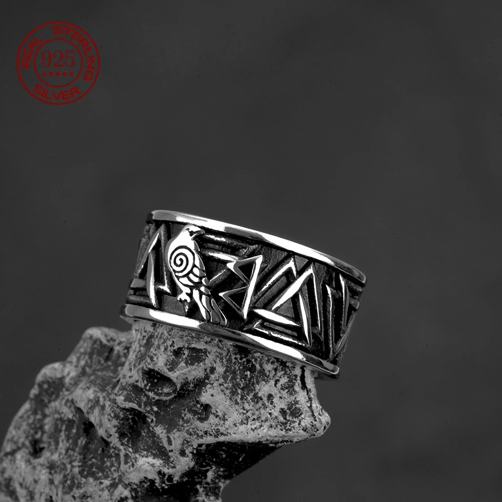 

Viking text crow retro S925 sterling silver Men Women personalized Party ring Jewelry Creativity Gift