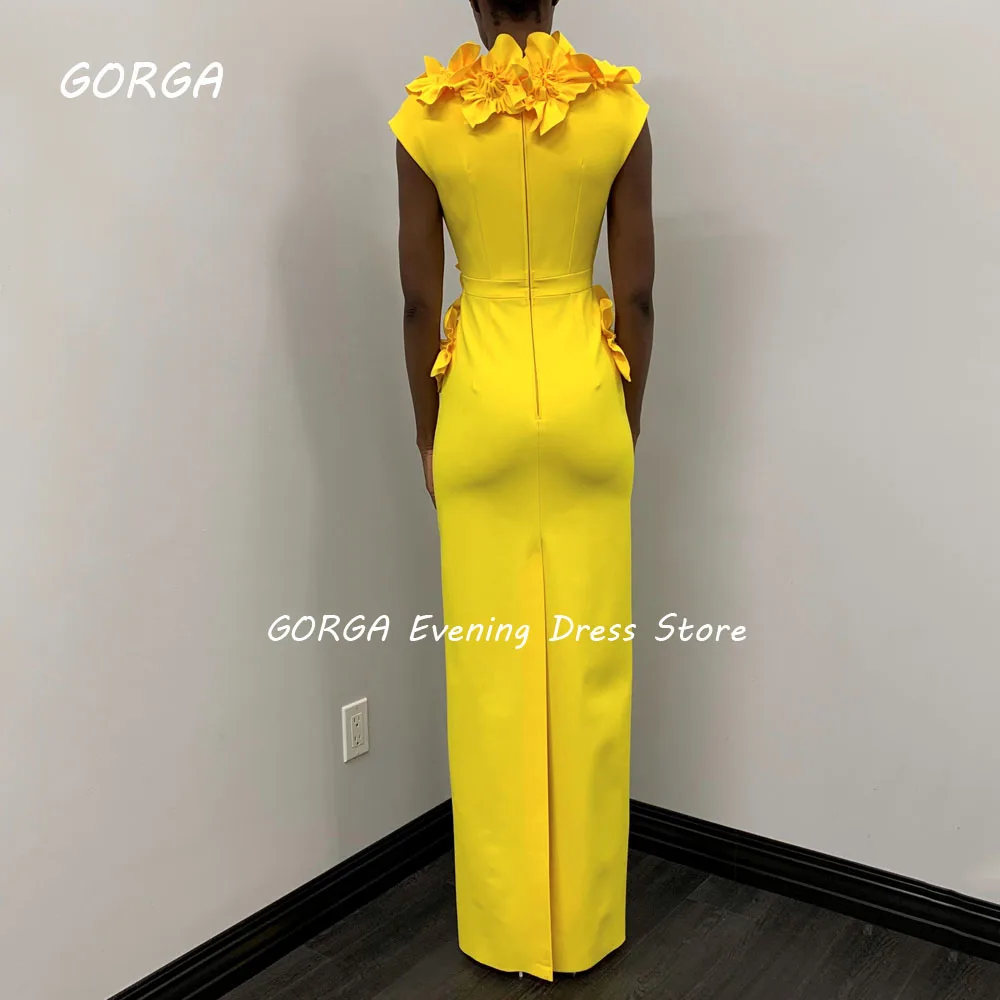 GORGA Simple Yellow Deep V-Neck 3D Flowers Crepe Mermaid Prom dress 2024 Slim Sleeveless Floor-Length Formal Evening Dress