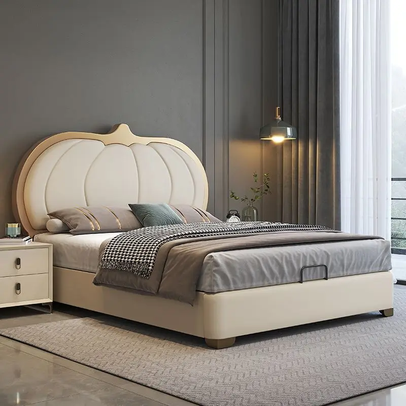 #For Light Luxury Pop Leather Bed Modern King Frame Elegant King Orange Home Hotel Furniture Bed