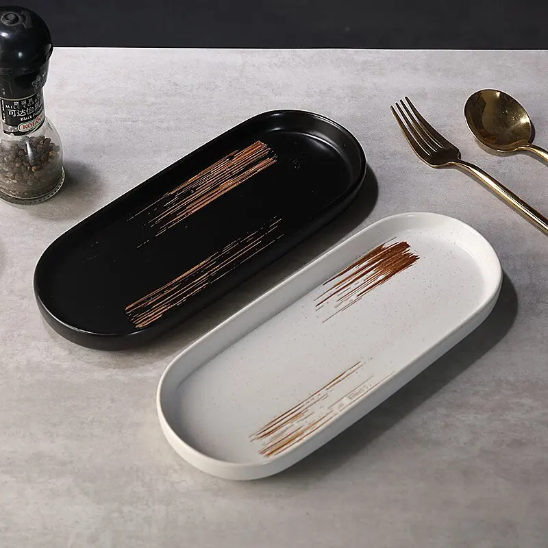 

Japanese Retro Ceramic Sushi Plate Rectangular Iron Style Dish for Home Dining