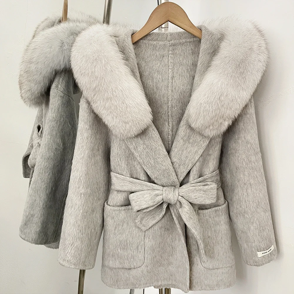 OFTBUY Winter Warme Dicke Wollbekleidung Luxuriöser Taillierter Damen-Wollmantel mit Gürtel und Echtem Pelzkragen Kapuzen-Wollmantel für Damen – Detail 20