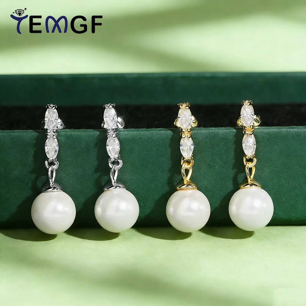 

TEMGF 10mm Freshwater Pearl Drop Earrings for Women Moissanite Ear Stud Bride Wedding 925 Silver Fine Jewelry With Certification