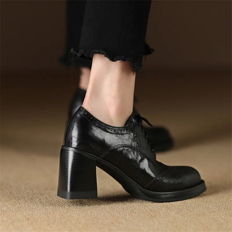 New Spring Genuine Leather Women Shoes Round Toe Women Pumps Brogue Designs Shoes for Women High Heel Lace Loafers Ladies Shoes