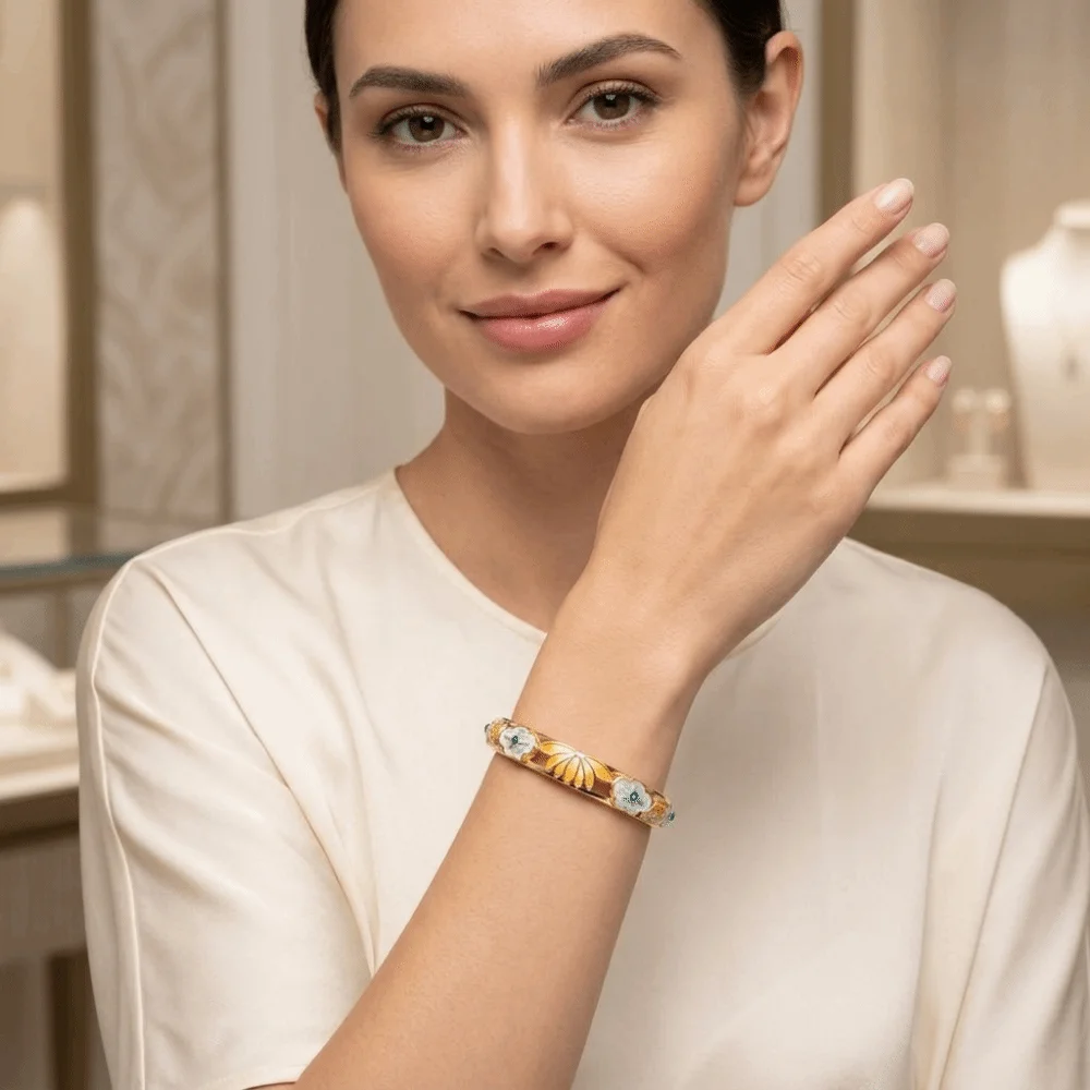 Elegant Enamel Floral Bangle Gold Plated Electroplating Cloisonne Bangle Alloy Rich Colors Lotus Floral Open Cuff Bracelet Women