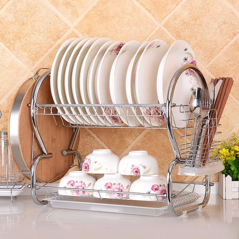 Kitchen Organizer 2-Tier Stainless Dish Rack Plate Dish Cutlery Cup Tableware Bowl Chopping Board Rack Storage Shelf Dish Rack