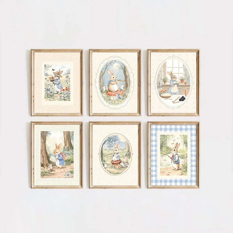 Vintage Boho Blue Plaid Rabbit Inspired Art Poster Baby Room Bedroom Nursery Field Animal Decorative Canvas Painting Wall Art