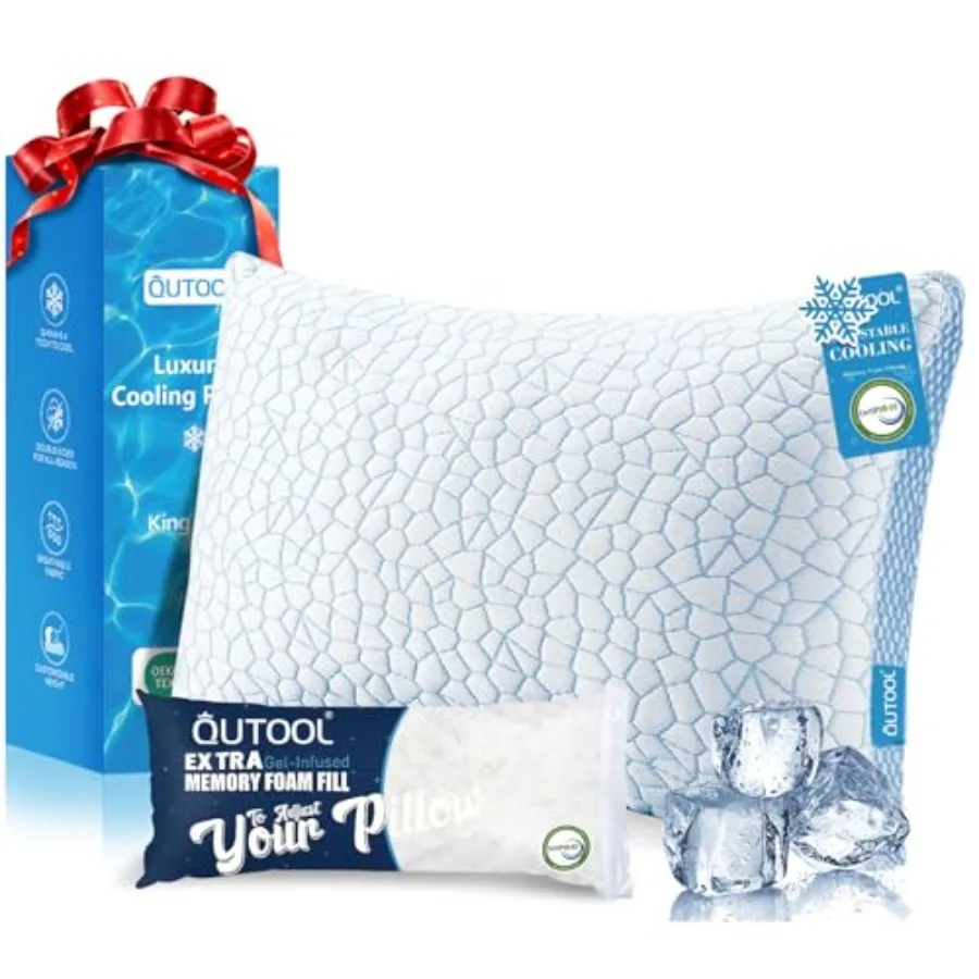 

Enhanced Cooling Pillows for Sleeping, CertiPUR-US Shredded Memory Foam Pillows King Size Set of 1 for Hot Sleeper, Adjustable