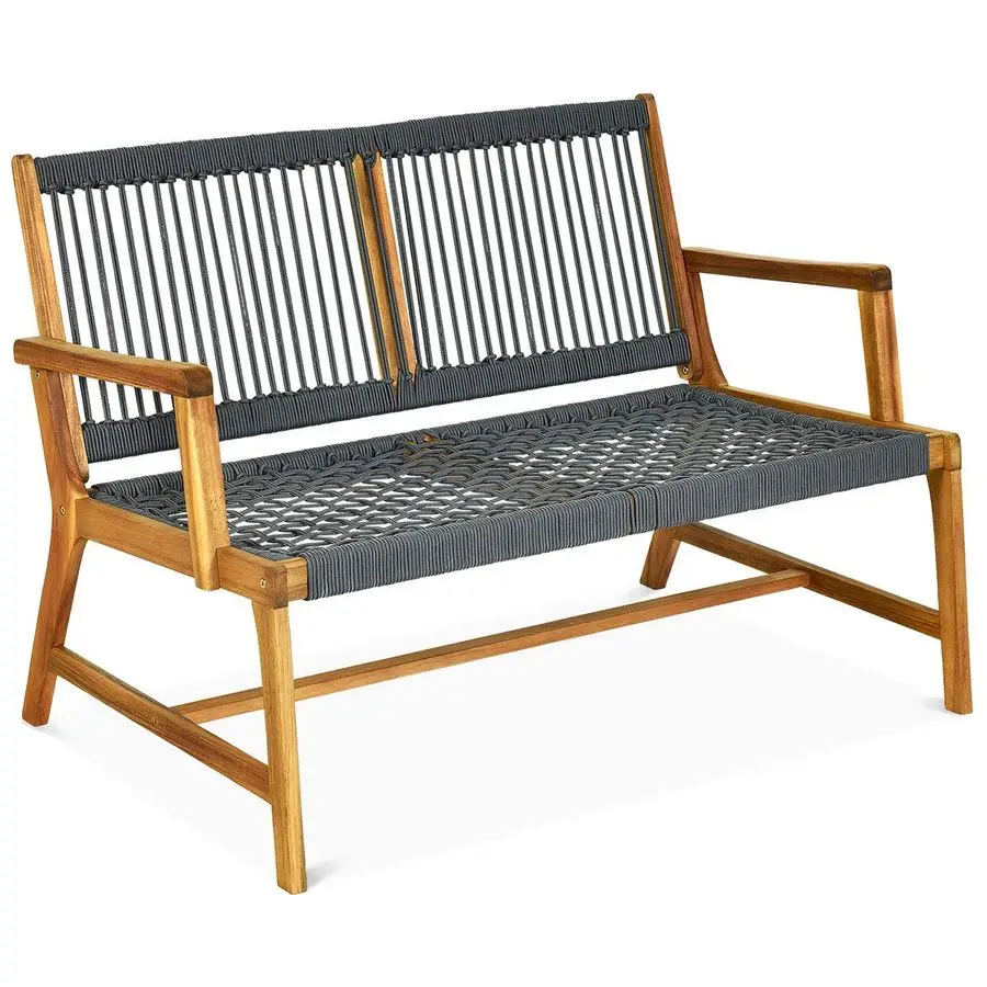 Tangkula Banco de madera de acacia para patio de 2 personas, asiento de dos plazas, banco de cuerda para patio al aire libre con acabado en aceite de teca, para balcón, terraza, porche junto a la piscina