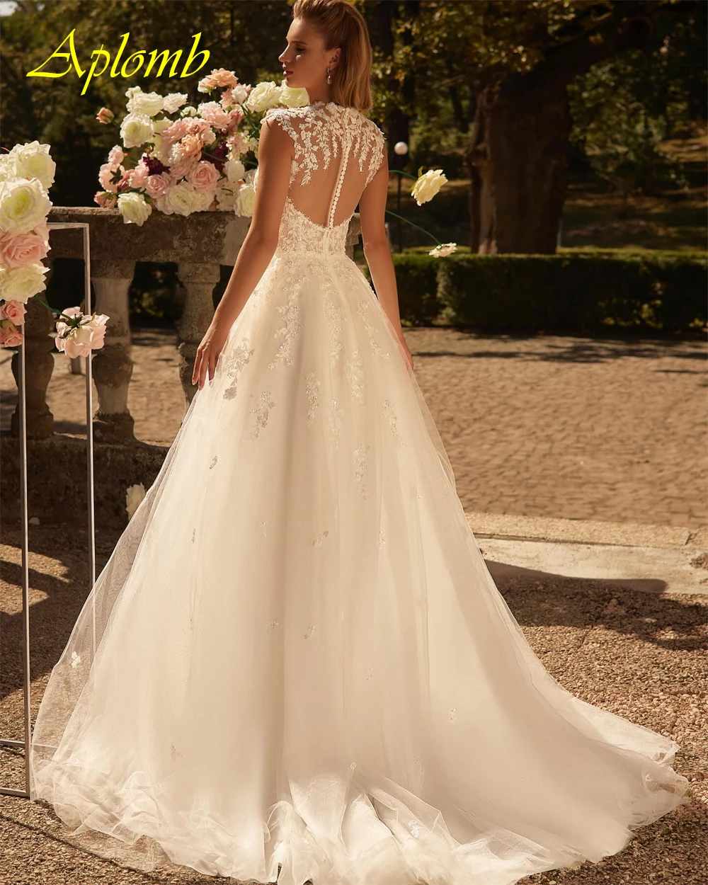 فستان زفاف أورجانزا أبيض أنيق مخصص مثير برقبة دائرية وأكمام قصيرة زي العرائس ناعم على شكل حرف a ذيل محكمة فيستدو دي نوفيا #5