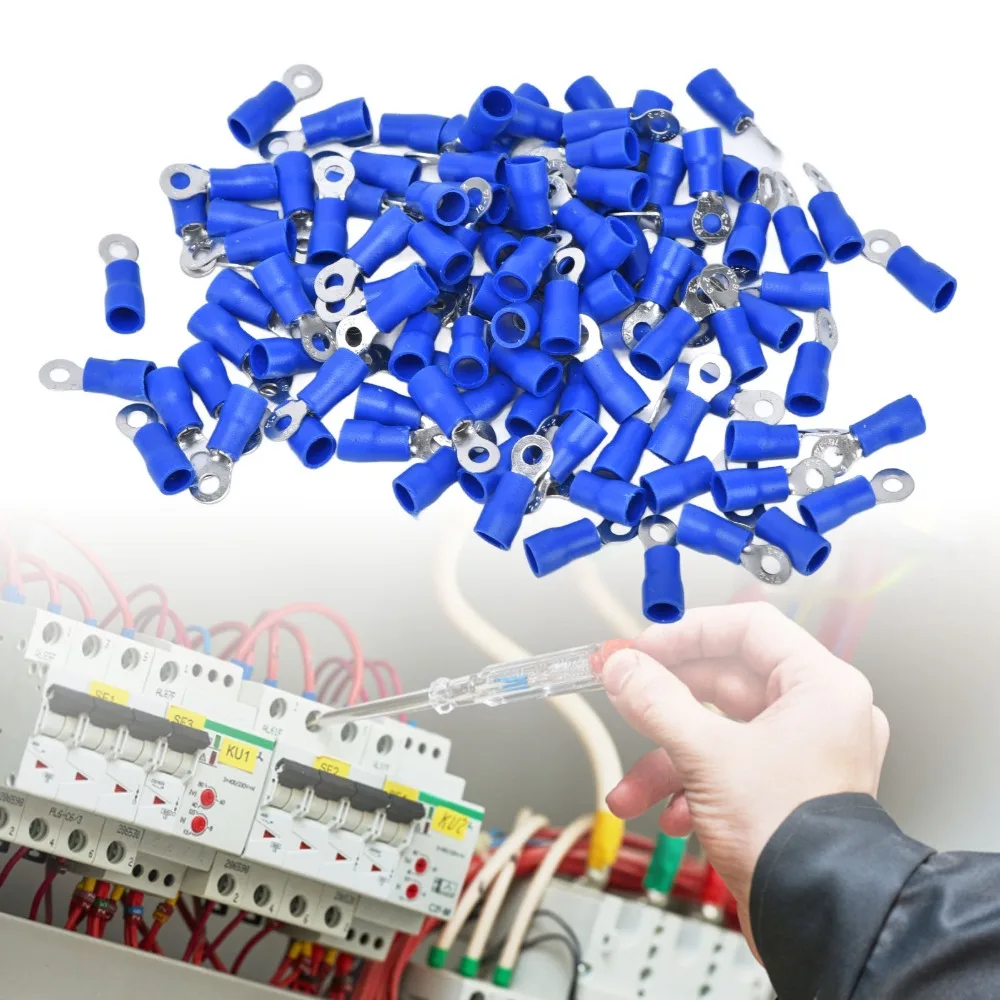 100PCS Blue Pre Insulated Crimp Terminals M4 AWG 16‑14 Ring Type Wire Connector Round Copper Crimp Terminal