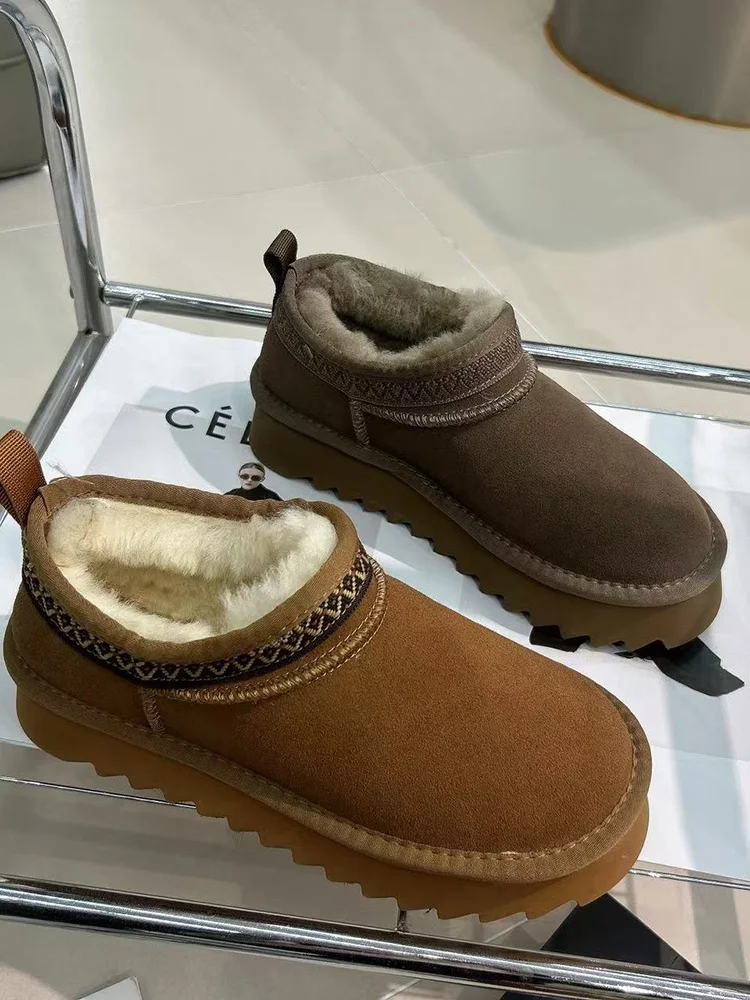 

Winter Thi Bot eepskin Boots Women's Low Cut Real Leather Wool ort Tube Ethnic Sle Fce Anti-Slip Cotton Boots
