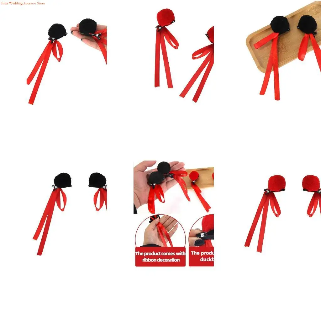 G92D 1 Pair Kids Plush Ribbon Bun Hair Clip China Movie Ne Zha Headdress for Girls