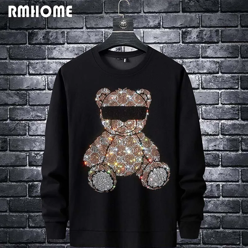 

Men's Casual Sweatshirt Trendy Bear Rhinestone Design Male Hoodie Winter New Trend Homme Pullover Long Sleeved Plush Top Clothes