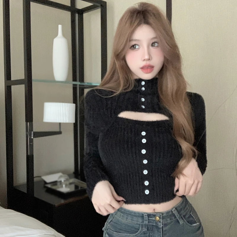 Half High Neck Sweater Women Slim Fit Knitted Long Sleeves Top Female Korean Version Hollow Out Solid Color Knitted Pullover Top