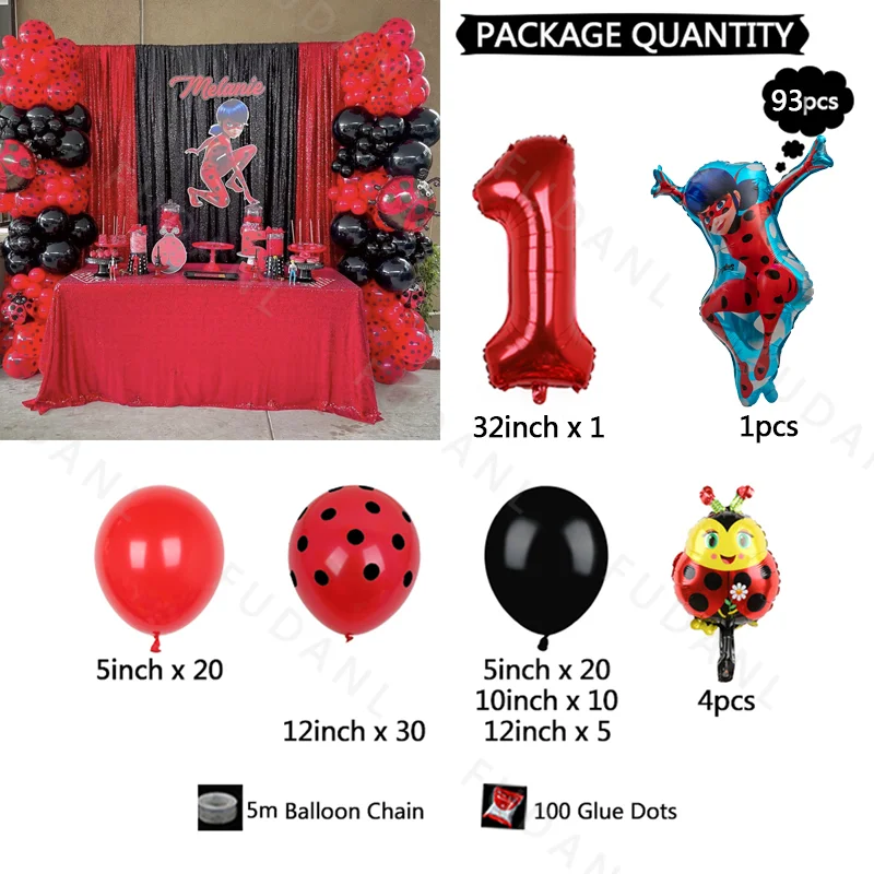 93 Pieces Ladybug Girl Red Digital Colorful Rainbows Holiday Birthday Wedding Shower Gift Home Party Decoration Balloon Set