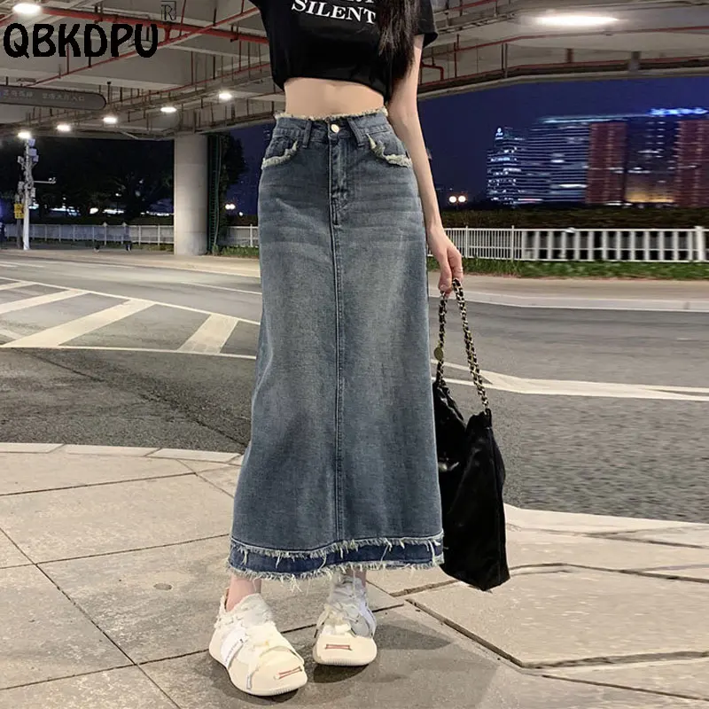 

Vintage Blue Mid-Length Denim Skirts Loose High Waist Trendy A-Line Skirt Women Wash Raw Edge Wrap Buttocks Summer Faldas New