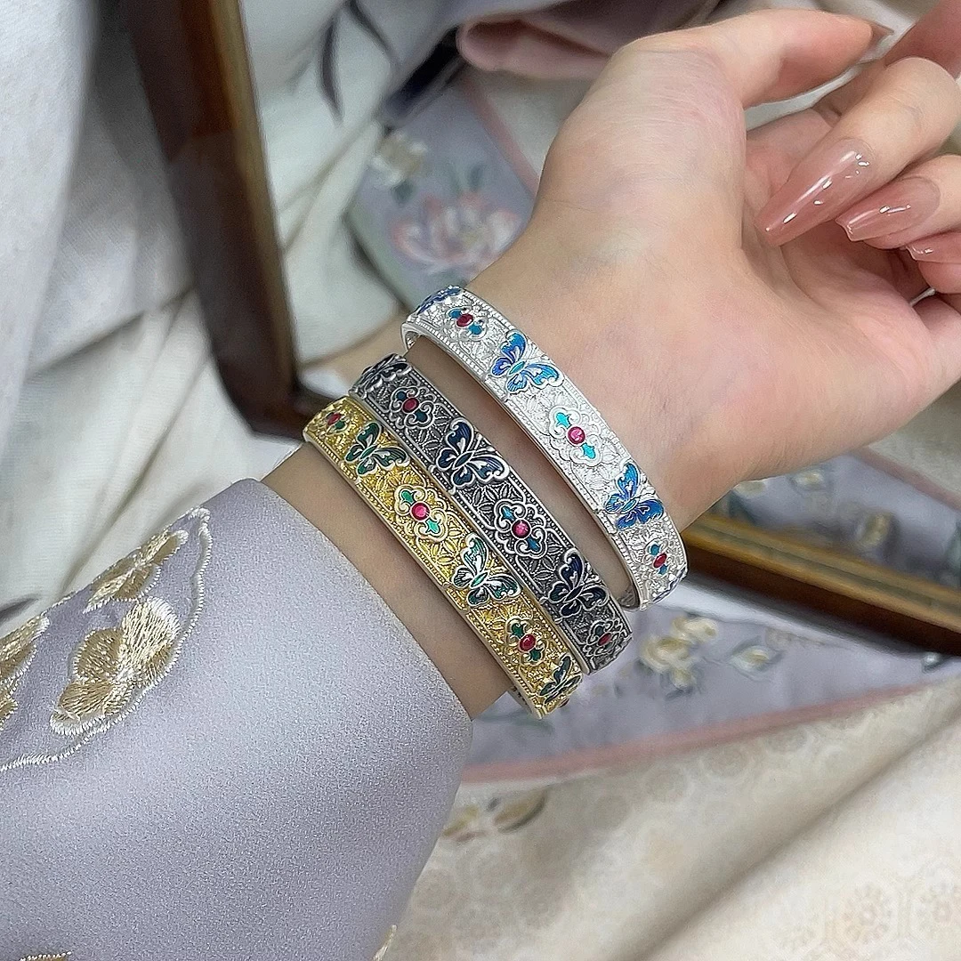 

Классические браслеты-бабочки для женщин, эмаль, синий цветок, открывающийся этнический стиль, серебро 925, красочные браслеты, свадебные украшения