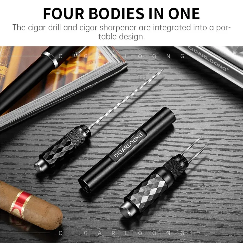 CIGARLOONG Portable 4 IN 1 Cigar Needle Drill Puncher Enhancer Draw Alloy Hole Sharp Blade Smoking Accessories Gift Box CR-24K1