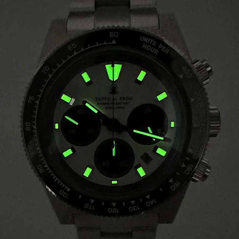 Tactical Frog 41mm Men\'s Chronograph Watch VS75 Solar Quartz Movement Waterproof Sapphire Green C3 Luminous Quartz Wristwatch