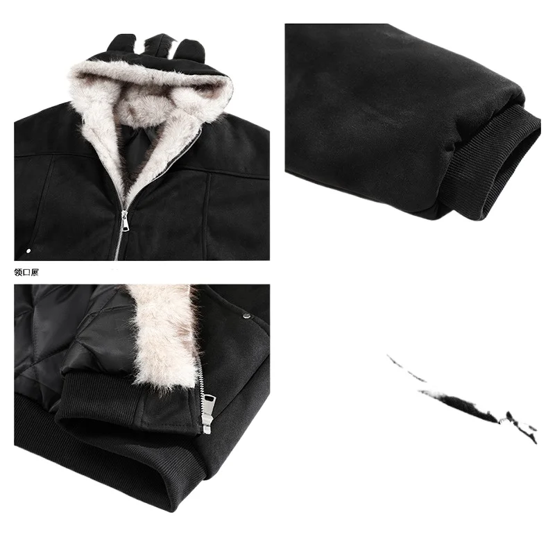 الأمريكية الرجعية المتخصصة تصميم بسيط الخريف والشتاء مقنعين القط الأذن زوجين القطن وسادة مبطنة للجنسين هود يحافظ على معطف دافئ #5