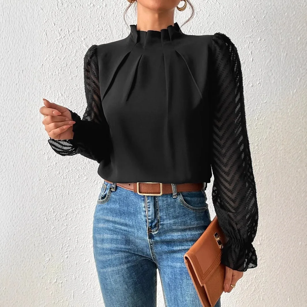 2025 Camicia elegante a maniche lunghe da donna Camicetta da ufficio da donna Top Primavera Autunno Camicia da donna in chiffon con colletto semi-alto e pannello ondulato