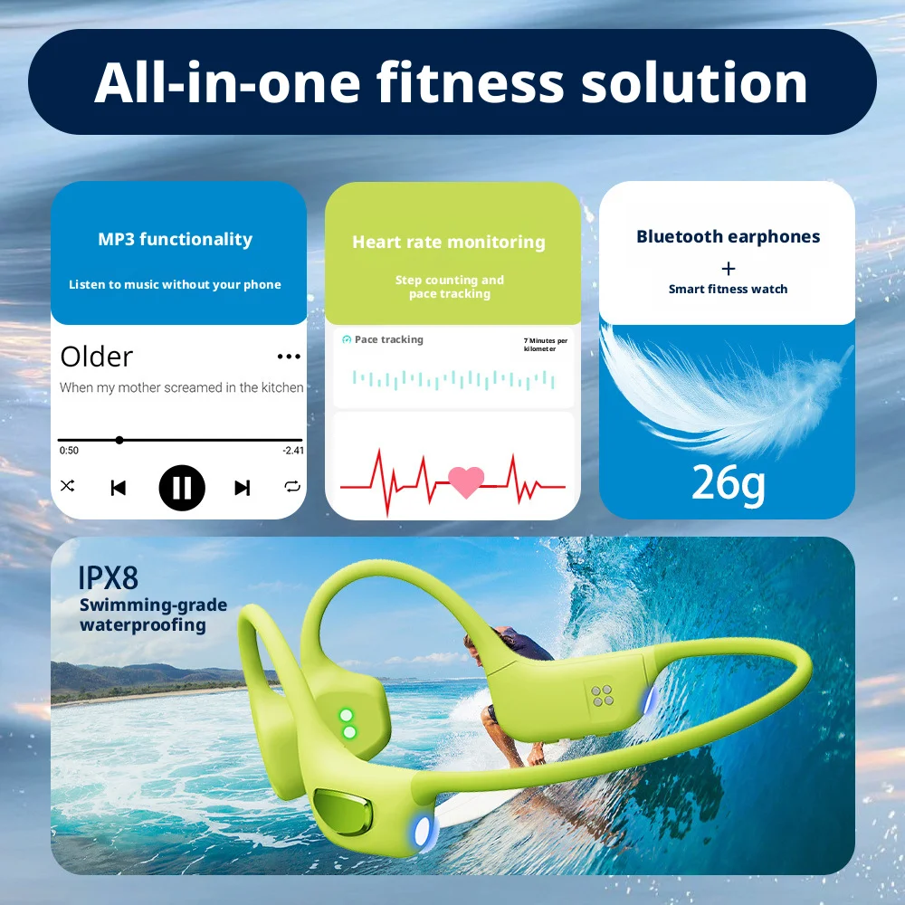 Bone Conduction H70plus Bluetooth, Sports Headphones, Stereo, Noise Cancellation, Swimming, Waterproof, Heart Rate, Pedometer