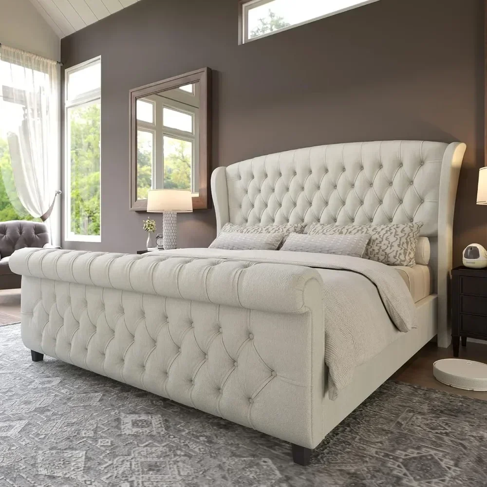 Practical Queen Size Bed Frame, Chenille Upholstered Sleigh Bed with Scroll Wingback Headboard & Footboard/Button Tufted