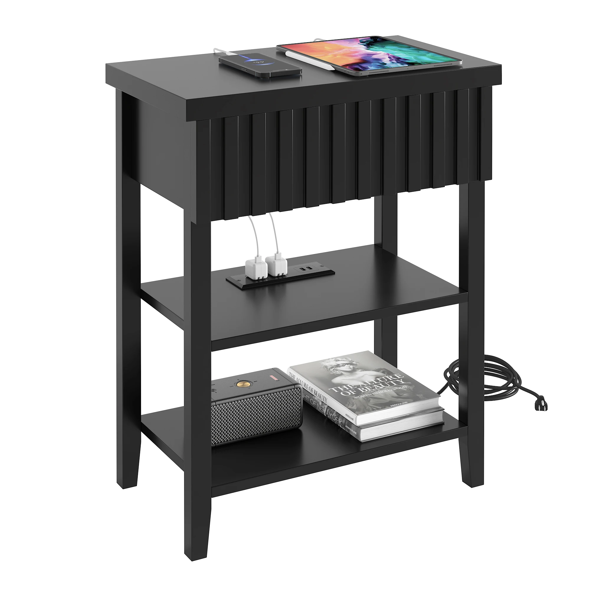 Fluted Farmhouse Nightstand with Charging Station & Drawer, Modern Side Table with 2 Open Shelves for Bedroom, Small Space End Table