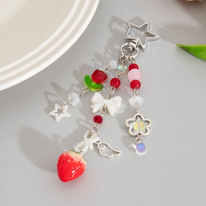 

Y2K Sweet Strawberry Keychain Tassel Phone Strap Keyring Key Holder Girly Bag Hanging Decoration Key Accessories