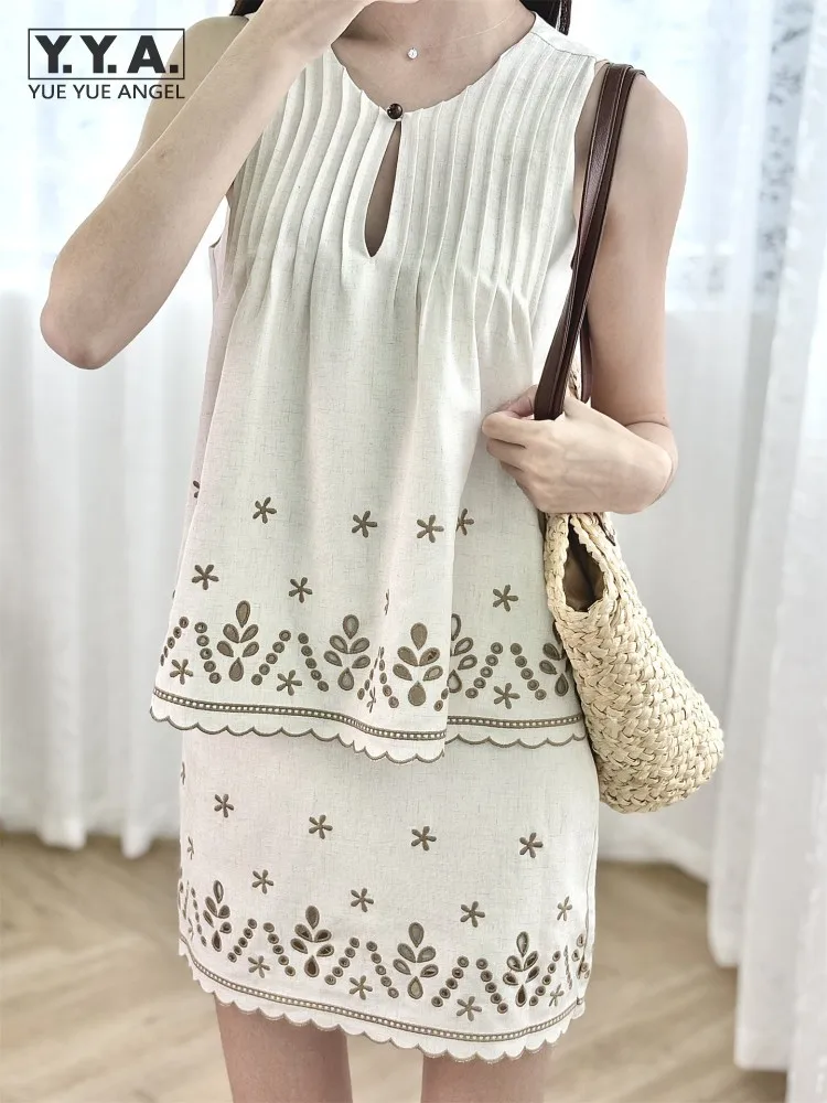 

Женские летние комплекты без рукавов с цветочной вышивкой во французском стиле, жилет с круглым вырезом, верхняя одежда, мини-юбка выше колена, соответствующий комплект