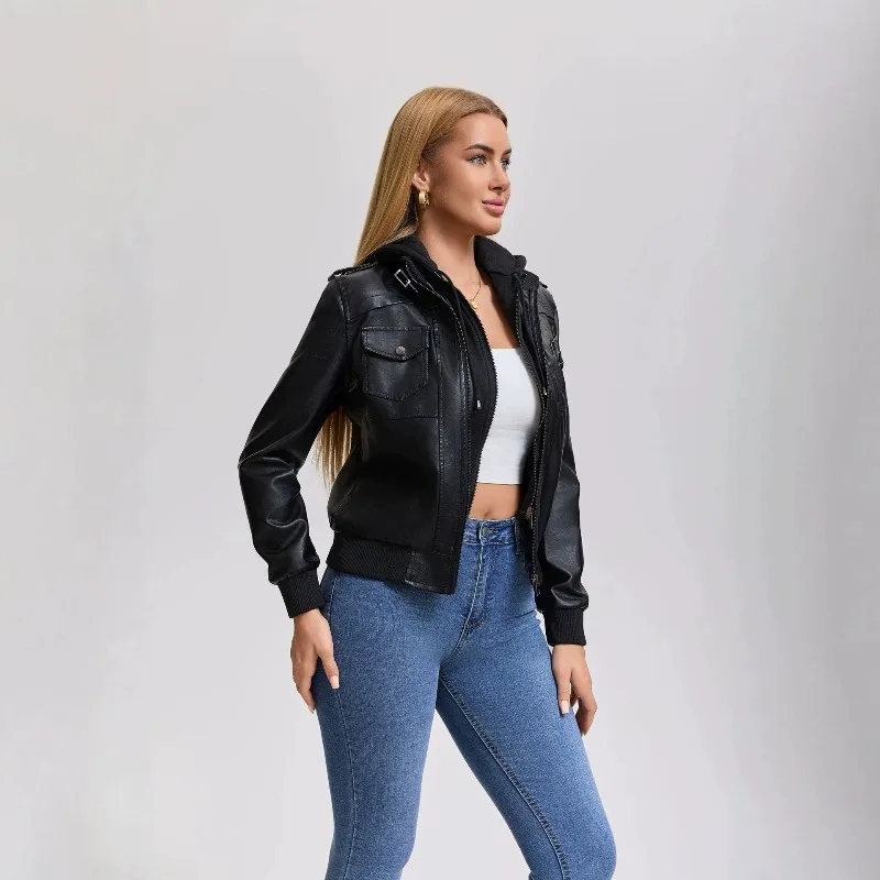 2026 Fashion PU Leather Jacket Women's Stand-Collar Moto&biker short Coat Spring Autumn Hooded Zipper-up Slim Casual Outerwear
