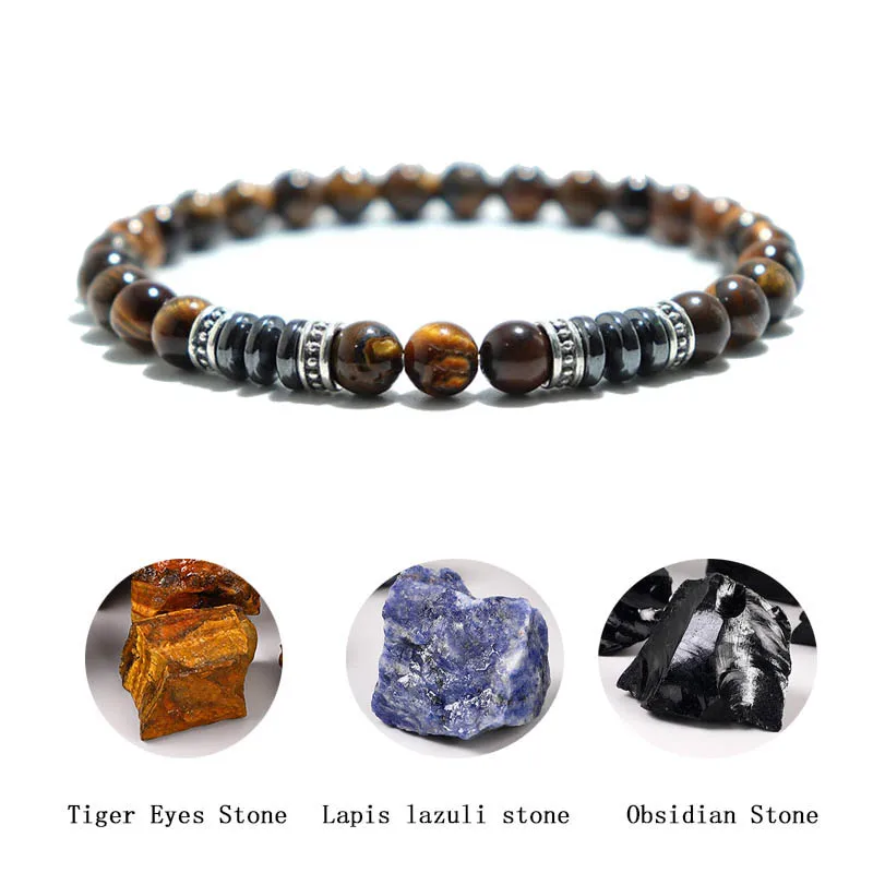 Fashion Mens Bracelet Natural Stone 6mm Lava Rock Tiger Eyes Beaded Braclet Leisure Accessories Gift For Him Pulsera Homme Joias