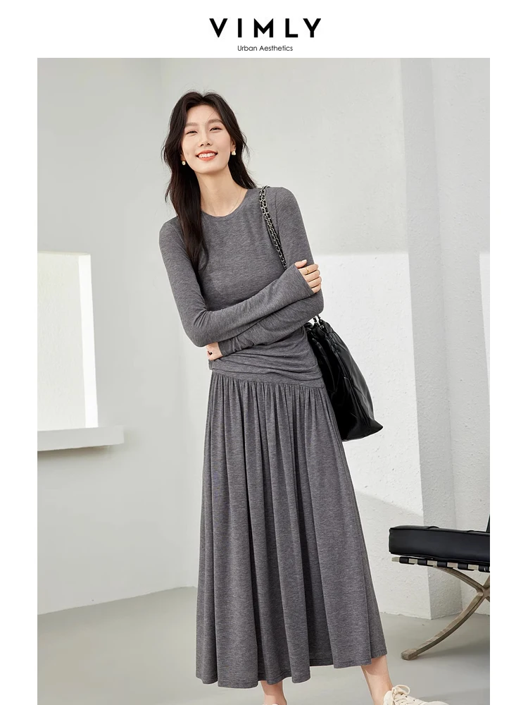 Vimly Spring Grey Skirt Set Women 2 Piece Outfits Shirring T-shirts Elastic Waist Maxi Skirt 2024 New in Matching Set M6120