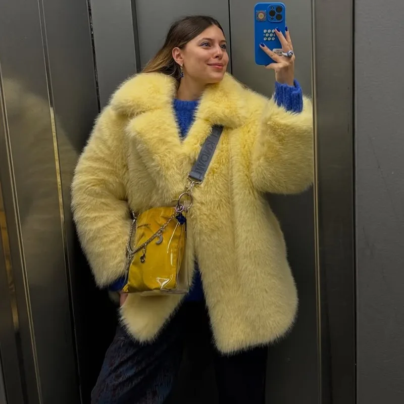 معطف نسائي أنيق من الفرو الصناعي من Tuularose دافئ منفوش فضفاض بأكمام طويلة وطية صدر السترة موضة خريف وشتاء ملابس خارجية للسيدات في الشارع العالي