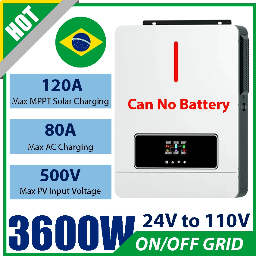 3600W Solar Hybrid Inverter 24V DC Input To 110V Inside 120A MPPT Controller Dual Ouput Max PV Panels 500V Can No Battery