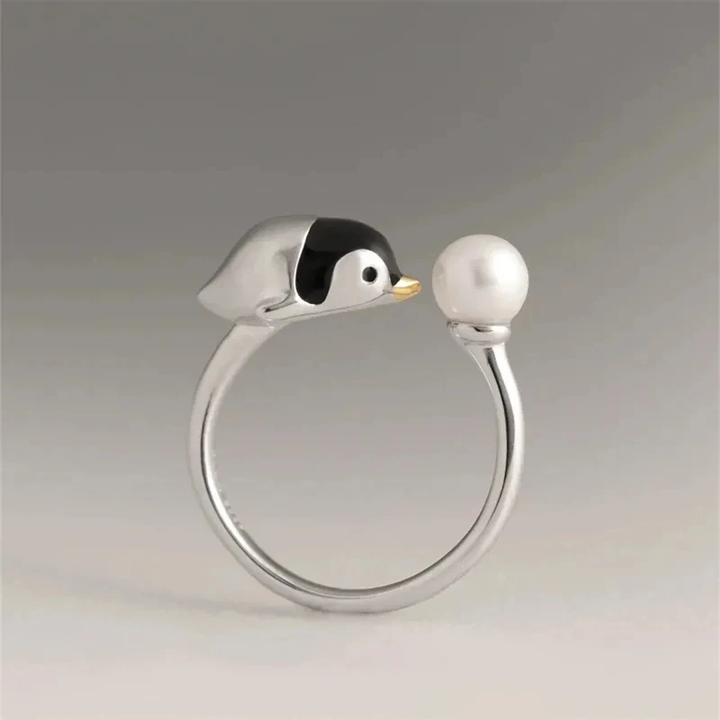 Cute Round and Chubby Penguin Imitation Invisible Pearl Inlaid Open Adjustable Ring Unique Creative Fashion Jewelry Ring Gifts