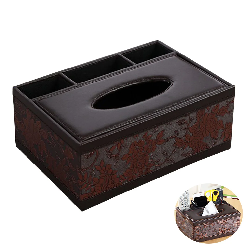 

Multifunctional PU Tissue Box Desktop Organizer Holder Pencil Scissor Container Embossed for Home Office Car Desktop