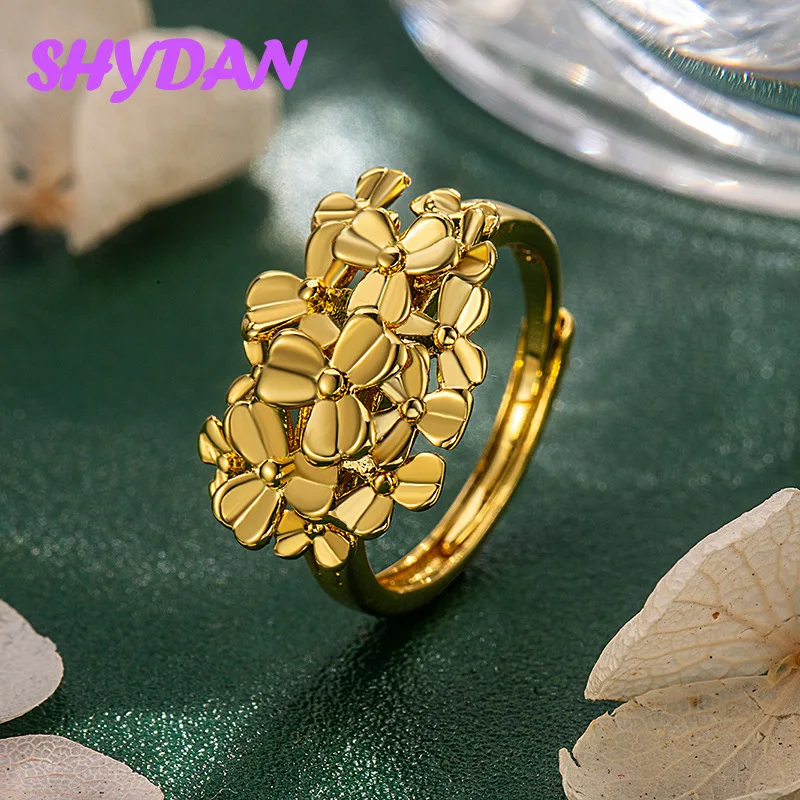 SHYDAN 925 Sterling Silver 18K Gold Hydrangea Floral Adjustable Ring For Women Fashion Jewelry