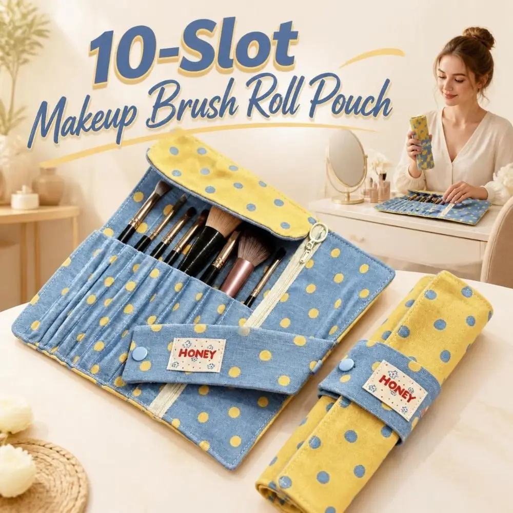 Polka-Dot Makeup Brush Roll Pouch 10-Slot Roll-Up Cosmetic Brush Organizer Fabric Lightweight Makeup Brush Bag Travel Storage