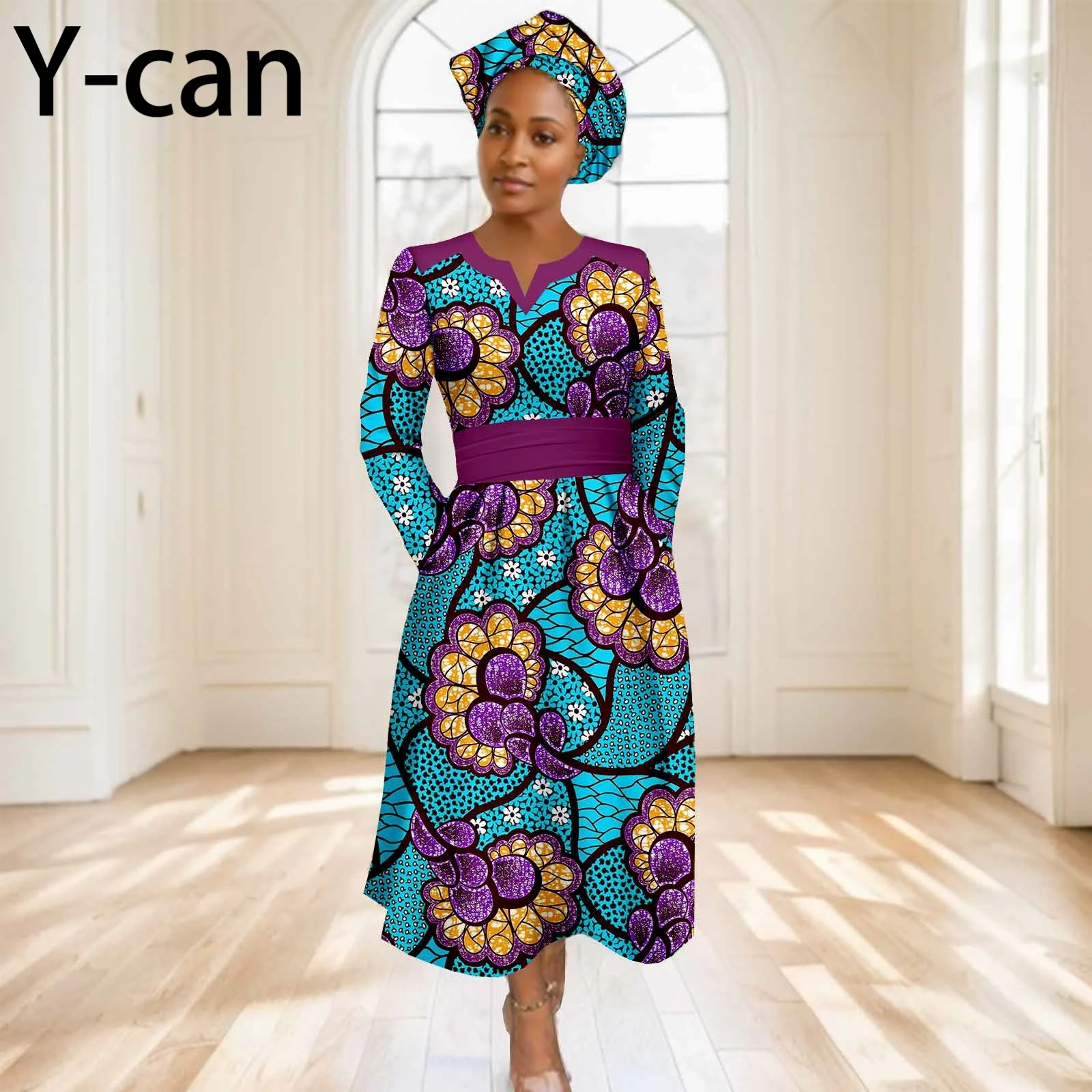 

Elegant Women Dresses African Style Dashiki Ankara Print Slim Dress with Headscarf African Clothing Party Dress 2425182