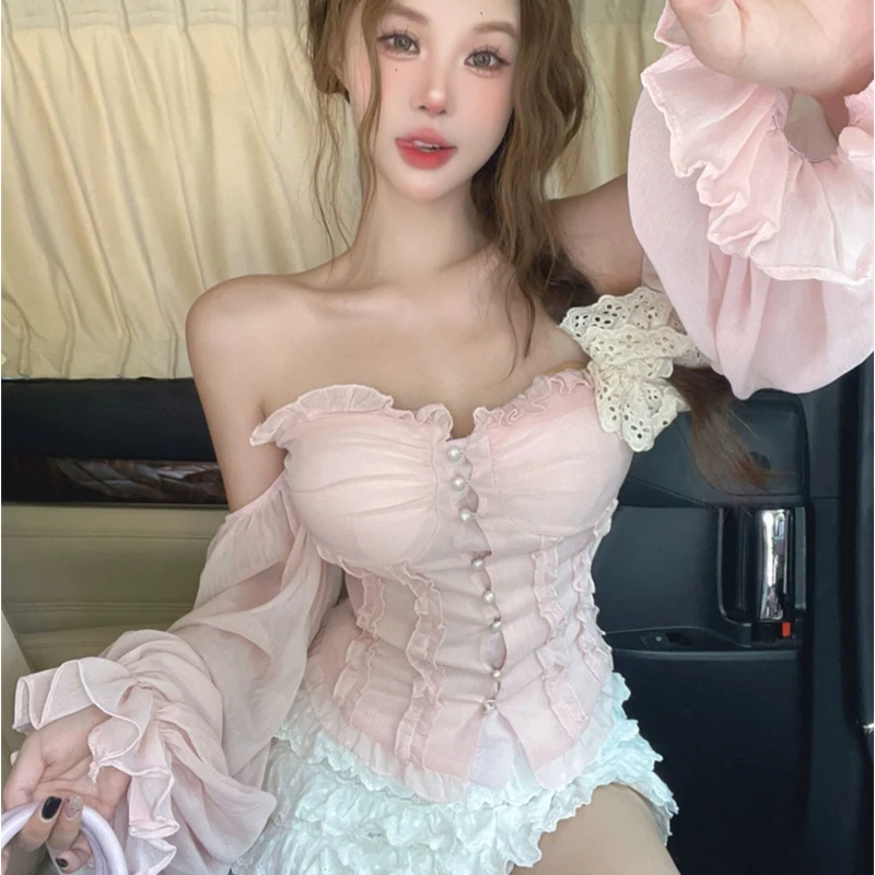 Fairy Off Shoulder Long Sleeve Chiffon Blouse Women Sweet Strapless Ruffle Waist Slim Fit Crop Top Summer Fashion Sex Shirt Fall